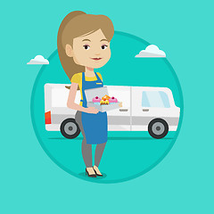 Image showing Baker delivering cakes vector illustration.