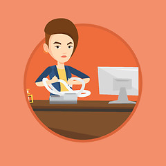 Image showing Angry business woman tearing bills or invoices.