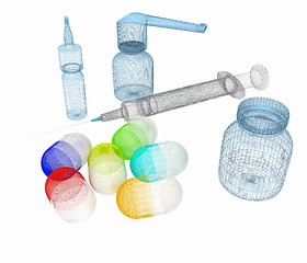 Image showing Syringe, tablet, pill jar. 3D illustration