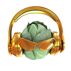 Image showing Green cabbage with sun glass and headphones front \