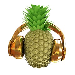 Image showing Fashion gold pineapple with headphones listens to music. 3d illu