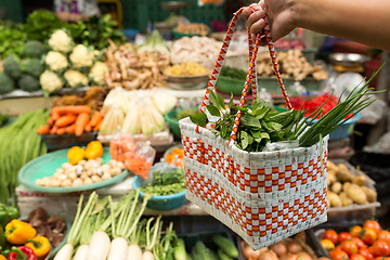 Image showing Hand holding basket bag to wet market