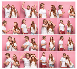 Image showing The collage from images of young man and woman on pink background