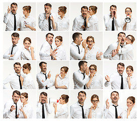 Image showing The collage from images of young man and woman on pink background