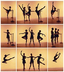 Image showing Composition from silhouettes of three young dancers in ballet poses on a orange background.