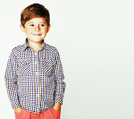 Image showing young pretty little cute boy kid wondering, posing emotional fac