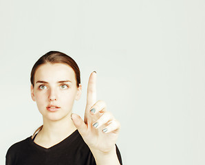 Image showing young pretty girl pointing on white background, business science