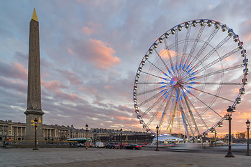 Image showing Place de la Concorde at sunset. Ferris wheel and Egyptian obelis