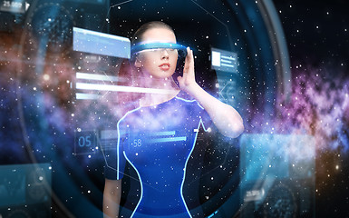 Image showing woman in virtual reality 3d glasses with charts