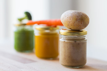 Image showing vegetable puree or baby food in glass jars