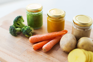 Image showing vegetable puree or baby food in glass jars