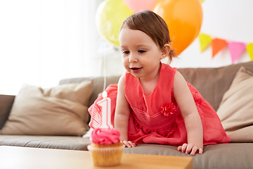 Image showing baby girl with birthday cupcake at home party