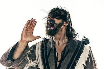 Image showing Portrait of a brutal bald-headed viking in a battle mail posing against a white background.