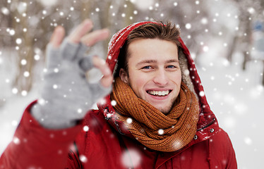 Image showing happy man in winter jacket showing ok hand sign