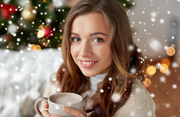 Image showing happy woman drinking cocoa at home for christmas