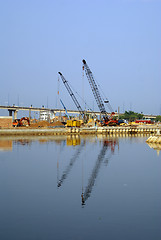 Image showing Cranes on the river