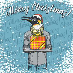 Image showing Vector illustration of penguin on Christmas with gift