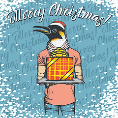 Image showing Vector illustration of penguin on Christmas with gift