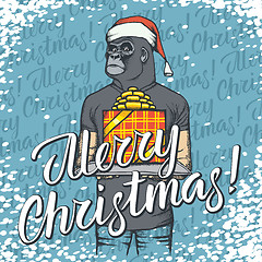 Image showing Vector illustration of monkey on Christmas with gift