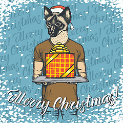 Image showing Vector illustration of cat on Christmas with gift