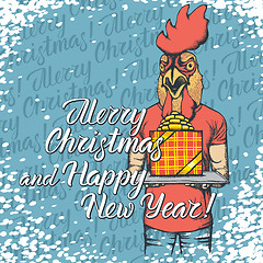 Image showing Vector illustration of cock on Christmas with gift