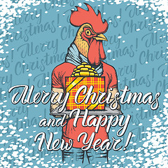 Image showing Vector illustration of cock on Christmas with gift