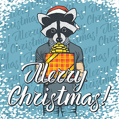 Image showing Vector illustration of raccoon on Christmas with gift