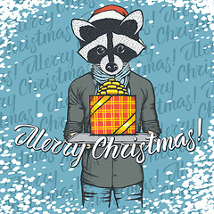 Image showing Vector illustration of raccoon on Christmas with gift