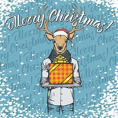 Image showing Vector illustration of deer on Christmas with gift