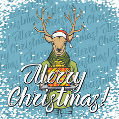 Image showing Vector illustration of deer on Christmas with gift