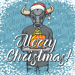 Image showing Vector illustration of bull on Christmas with gift