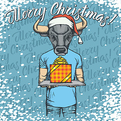 Image showing Vector illustration of bull on Christmas with gift