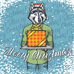 Image showing Vector illustration of dog on Christmas with gift
