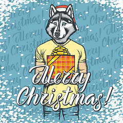 Image showing Vector illustration of dog on Christmas with gift