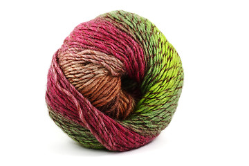Image showing ball of colorful wool, red and green on white