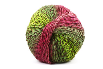 Image showing ball of colorful wool, red and green on white