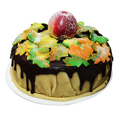 Image showing autumn cake with maple leaves and apple