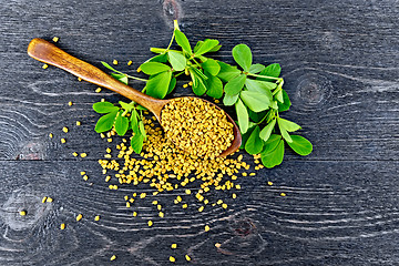 Image showing Fenugreek with leaf in spoon on board top