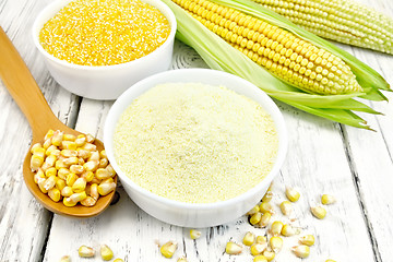 Image showing Flour and grits corn in bowls on board