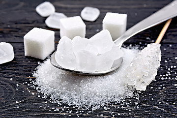 Image showing Sugar white crystalline in spoon on board