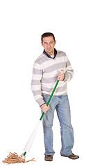 Image showing Casual Man Mopping the Floor