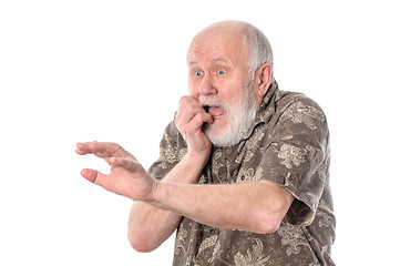 Image showing Senior man with grimace of fear, isolated on white