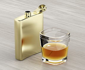 Image showing Hip flask and a glass of whiskey