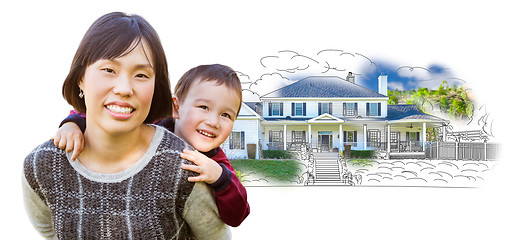 Image showing Chinese Mother and Mixed Race Child In Front of House Drawing on