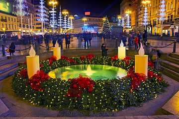 Image showing Mandusevac fountain on Ban Jelacic square  decorated with advent