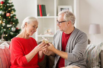 Image showing happy smiling senior couple with christmas gift