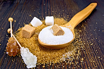 Image showing Sugar white and brown on wooden board