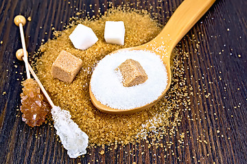 Image showing Sugar white and brown different on wooden board