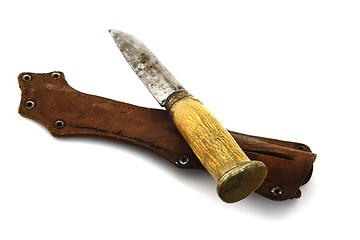 Image showing traditional Finnish knife puukko and sheath on white 