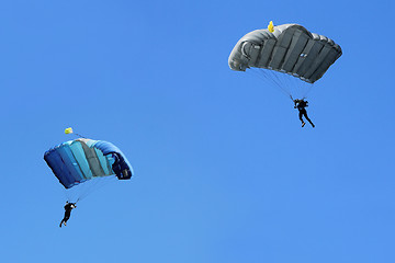 Image showing Two Parachutists fly to the blue sky